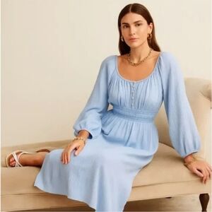 J Crew V-Neck Midi Dress in soft Gauze Smocked Button Front‎ blue Women's Large